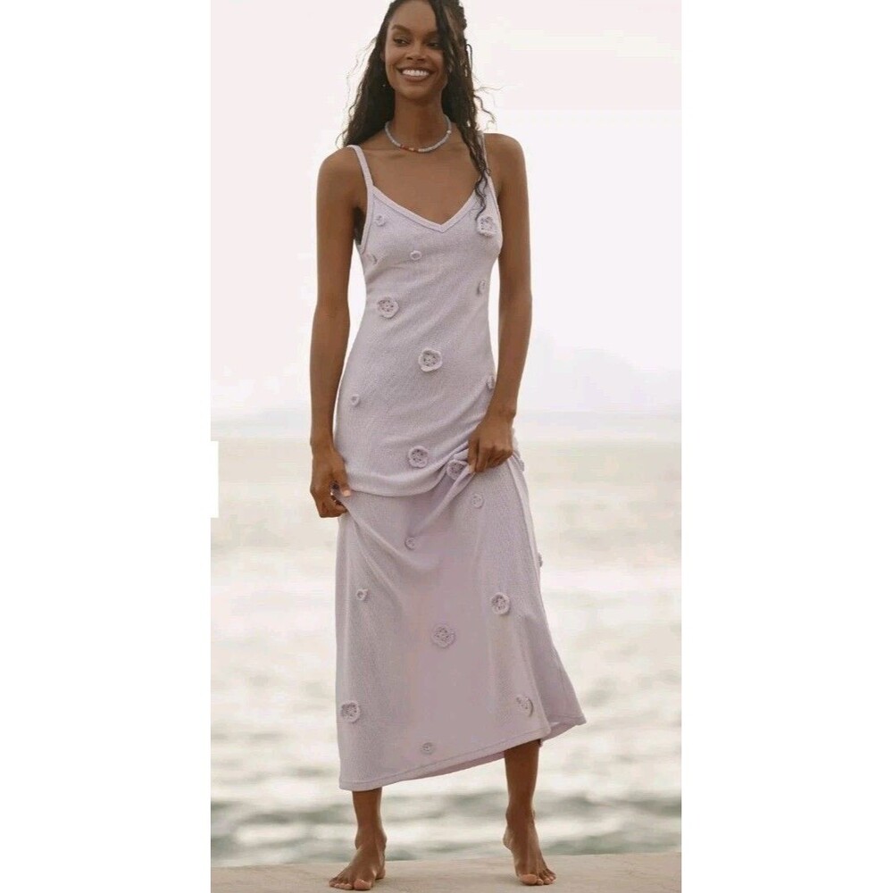 Anthropologie BLITHE V Neck Knit Floral Midi Dress Medium Purple Appliques NWT